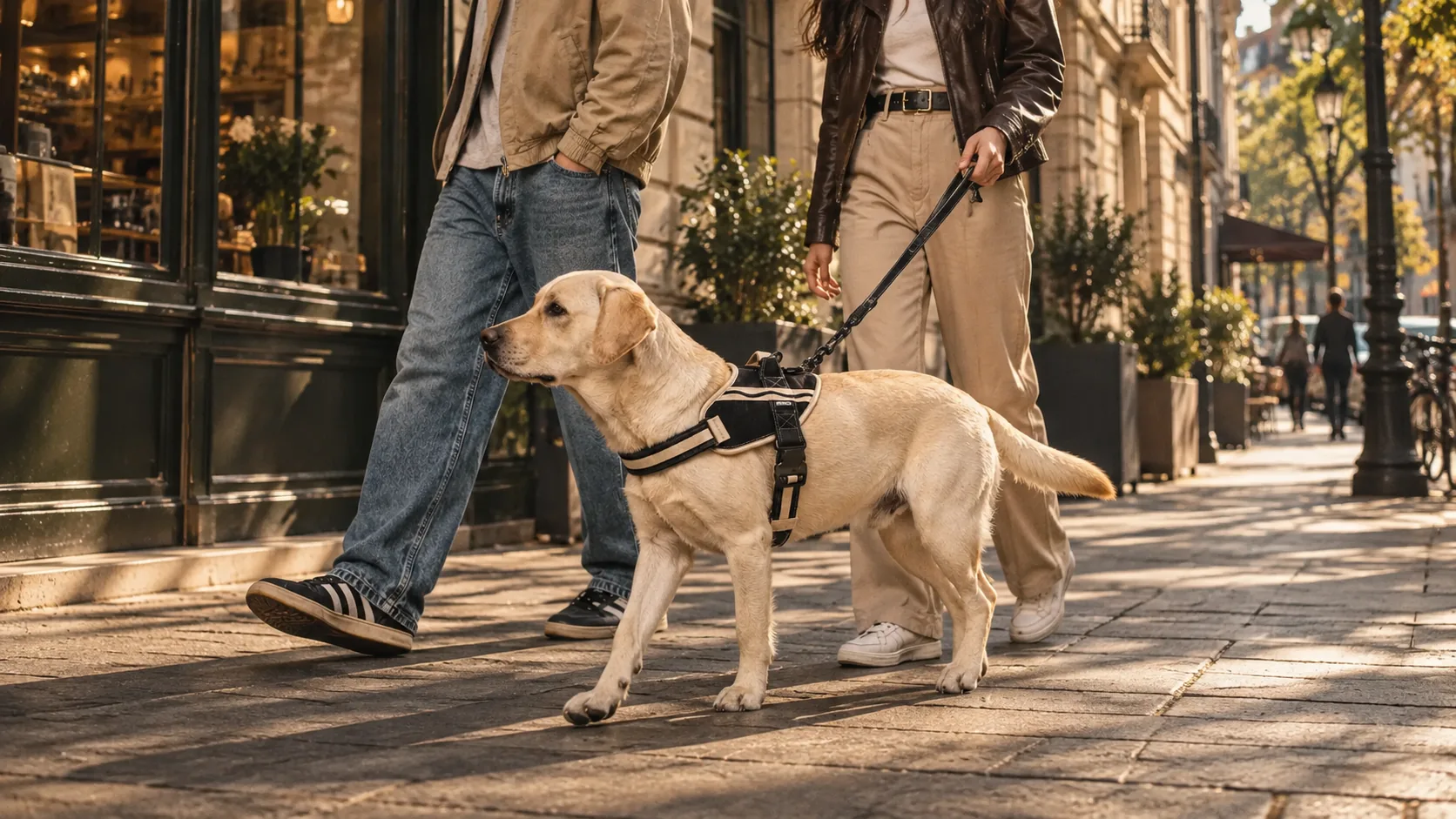 A Labrador walking in a Paseo harness along a city street
