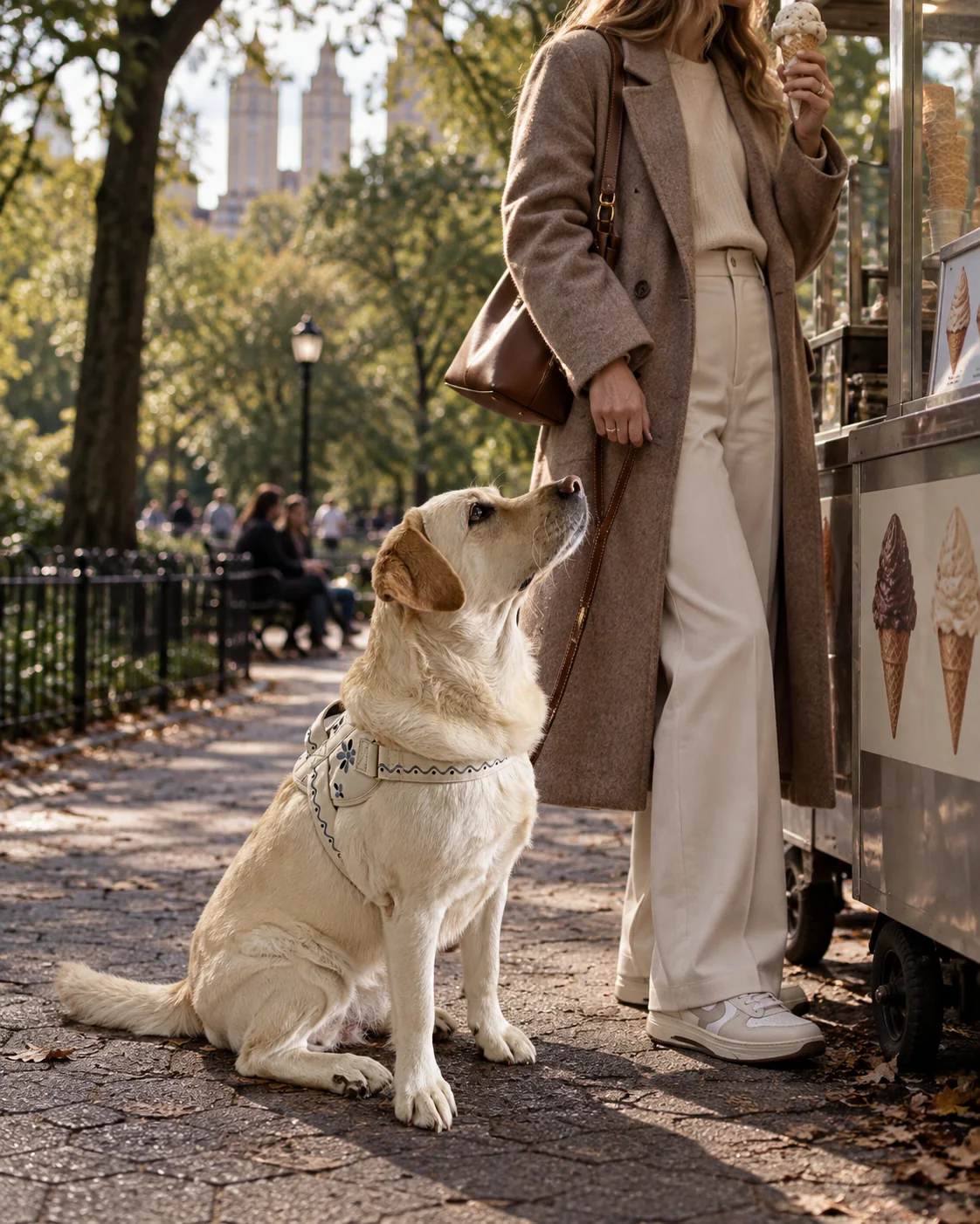 A Labrador in a cream Paseo harness sitting beside its owner at a park ice-cream cart