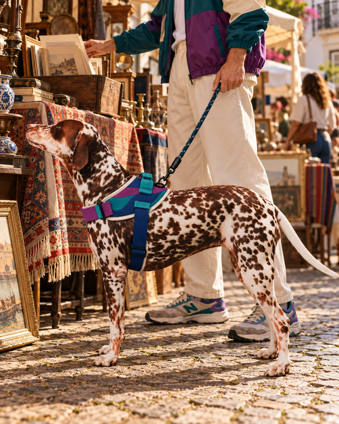 A pointer in a Paseo harness whose colours answer its owner's jacket, at a flea market